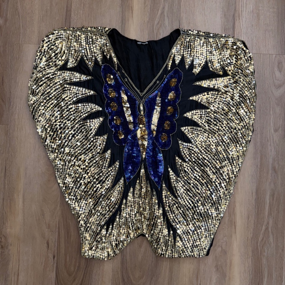 Vintage Silk Butterfly Sequin Beaded Batwing Top India One Size Boho glam - Picture 2 of 9
